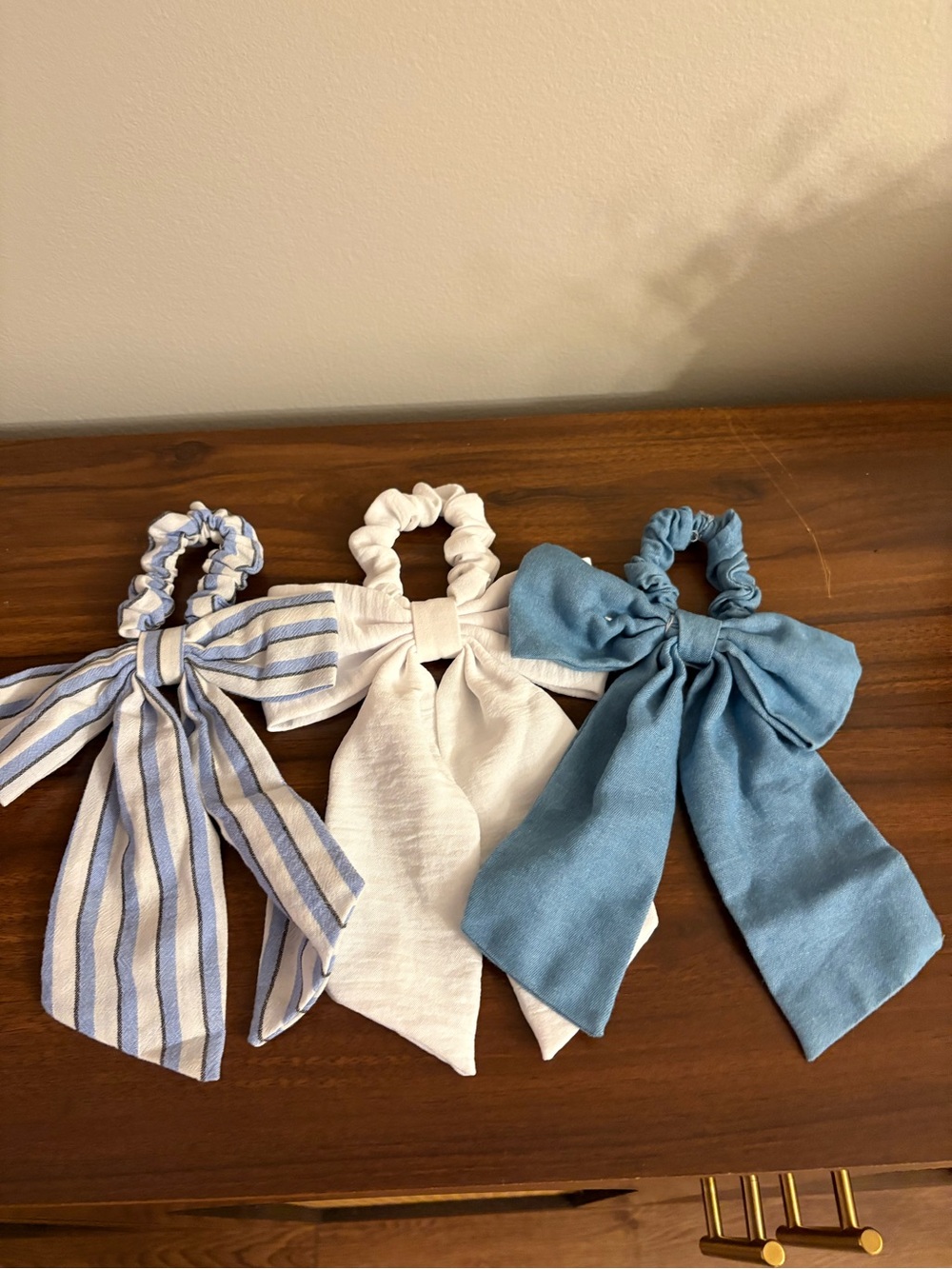 Bow Scrunchie Hair Tie Trio - Blue, White, Striped